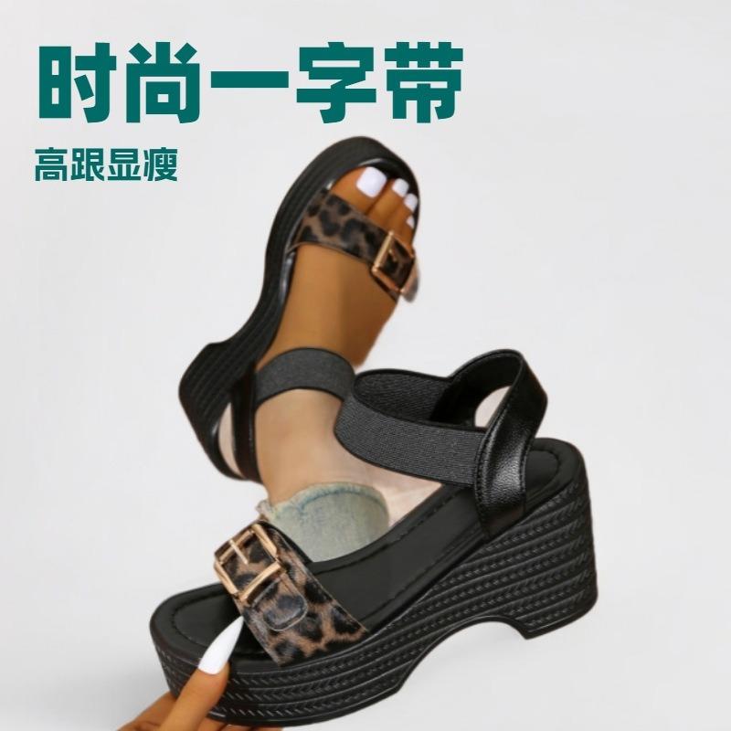 Леопардовый Высокий Каблук Модные Босоножки Женские Летние Большие Размеры Женские Толстые Босоножки