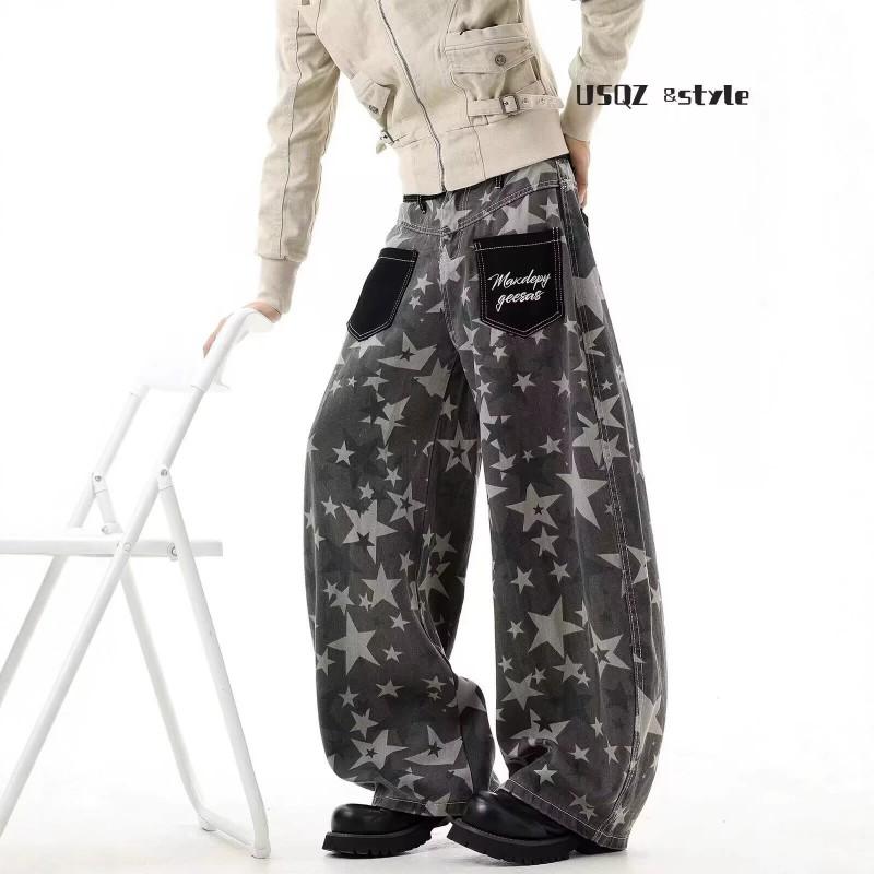 Distressed Star Print Cropped Flared Denim Jeans Women Fall Streetwear Loose Wide Leg Trousers