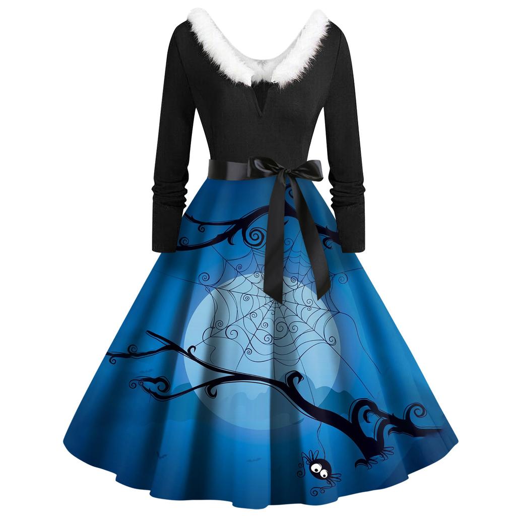 Женские повседневные модные платья с длинными рукавами и v-образным вырезом с принтом на Хэллоуин