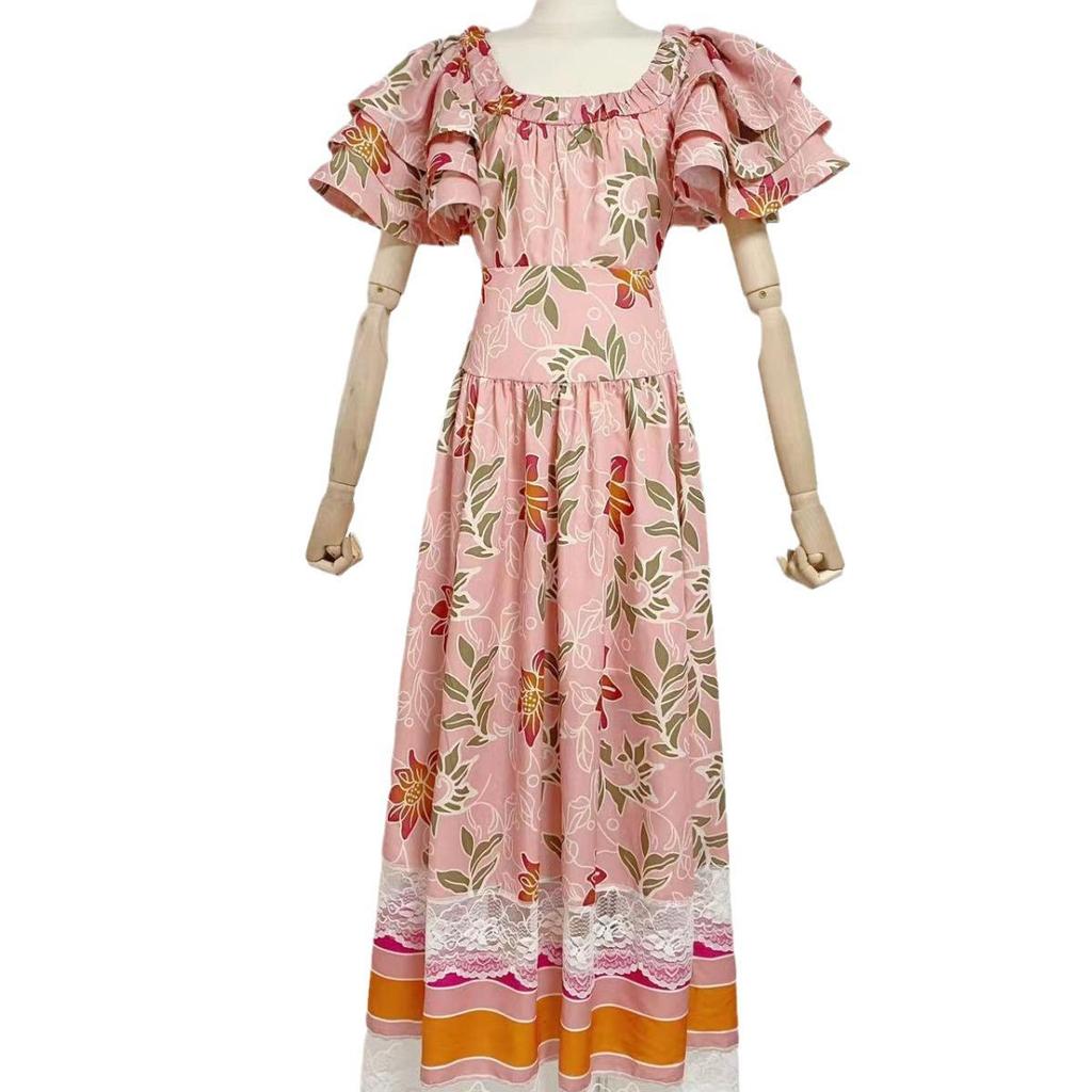 Australian Niche 2024 Spring Lightweight Printed Long Dress with Flutter Sleeves for Women