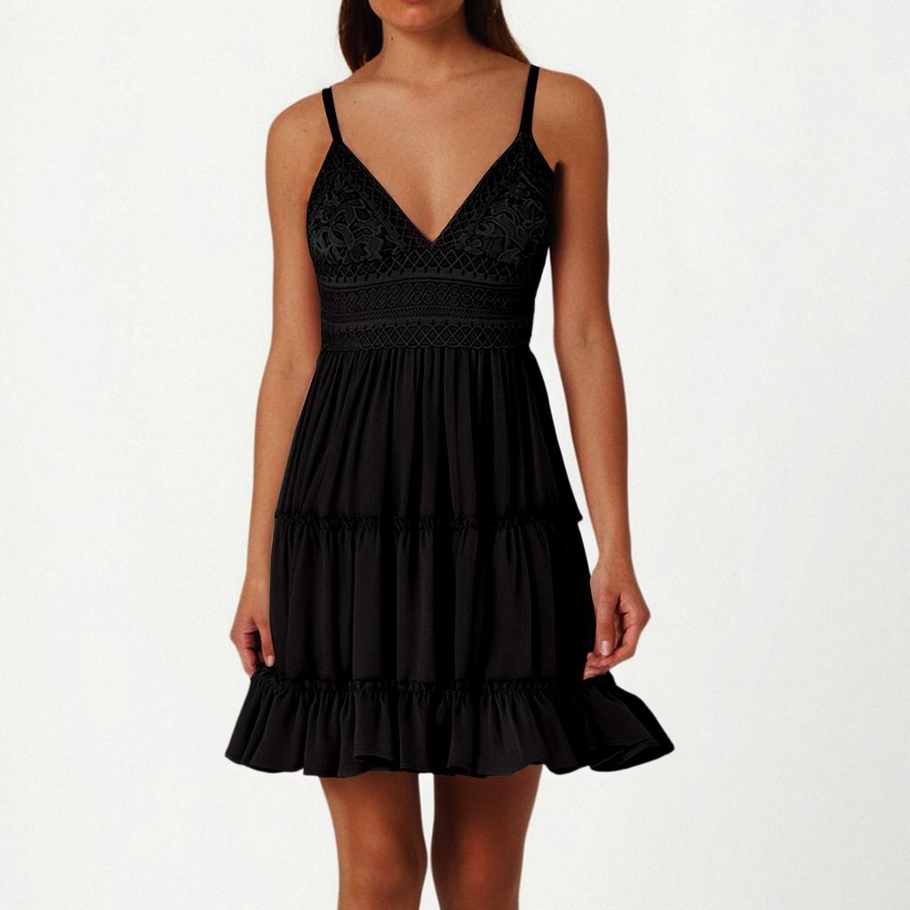 Женская мода повседневные платья без рукавов с V-образным вырезом и оборками