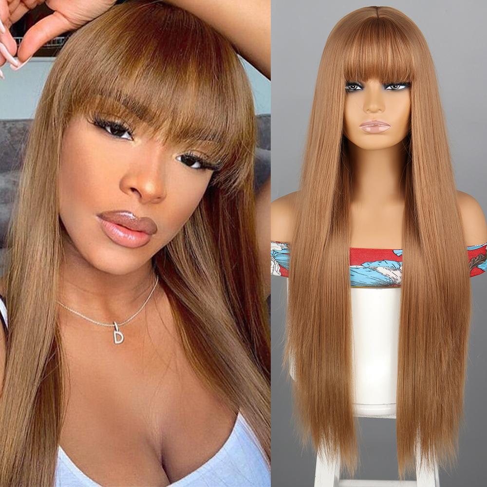 Women Russet Xinran Long Fashion Straight Wig With Bangs Synthetic Fiber Straight White Brown Russet Color Wig