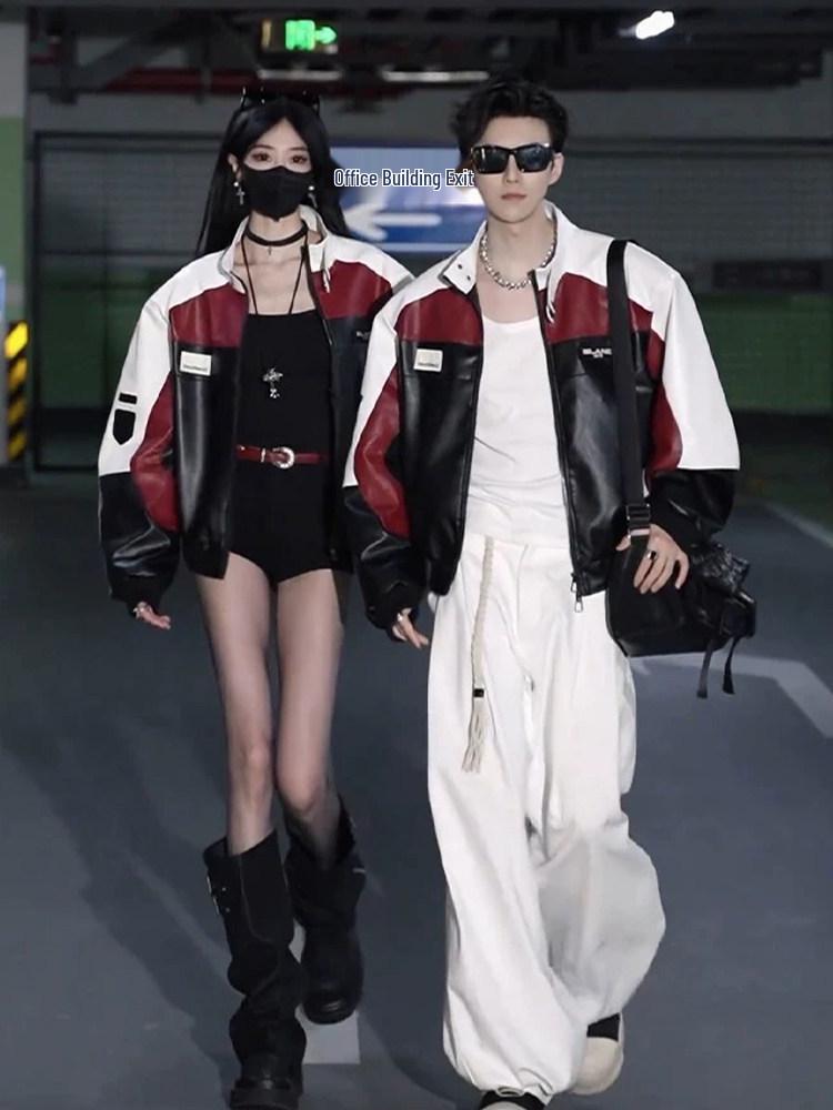 Стильная мужская красная кожаная мотоциклетная куртка в стиле пэчворк - Весна/Осень Ретро Дизайн для Пар