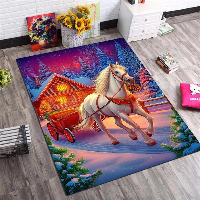 Christmas White Horse Sleigh Snow Scene Print Non-Slip Rug, Winter Holiday Decor Carpet for Home Bedroom