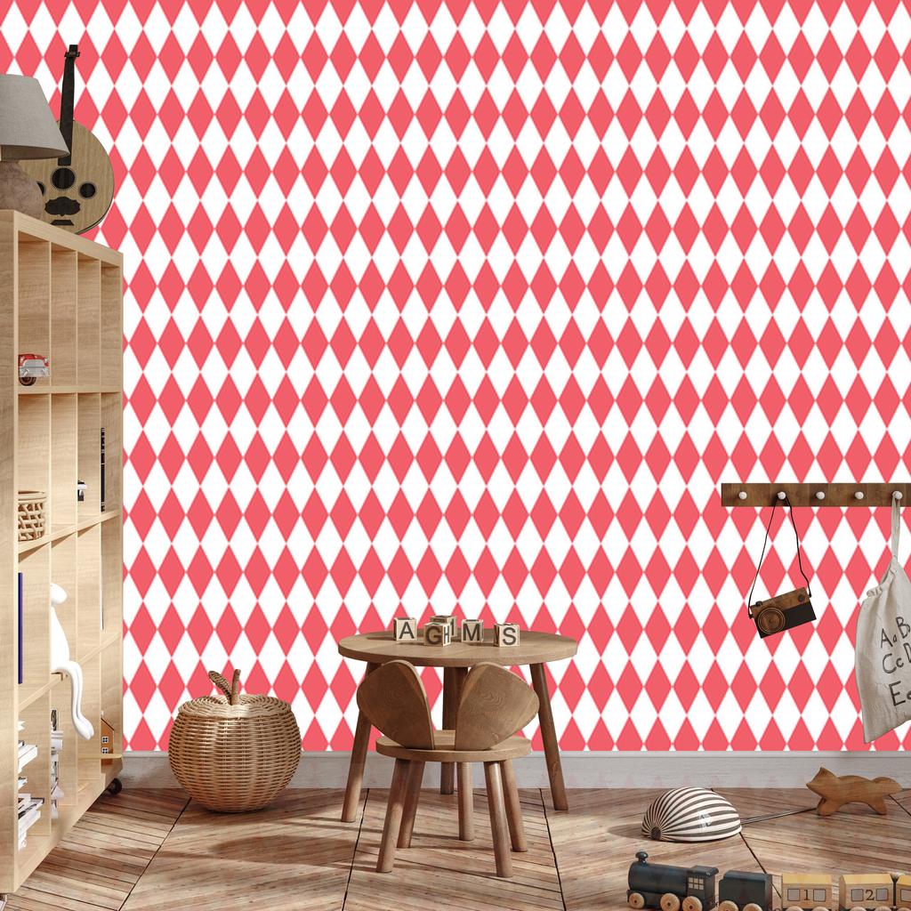 Harlequin Diamonds Wallpaper, coral background, coral center, 50x1000