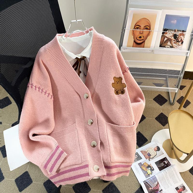 Women's Teddy Bear Pattern Long Sleeved Cardigan Loose Korean Style Knitted Sweater for Female Autumn Buttoned Tops