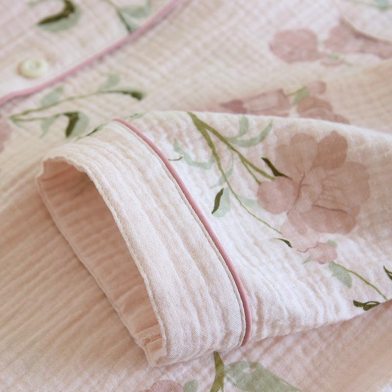 Женский весенне-осенний пижамный комплект из хлопковой марли - Топ с длинным рукавом и брюки