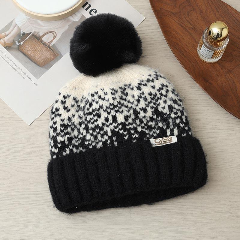 Autumn and Winter Windproof Thickened Thick Thread Wool Hat Knitted Hat Jacquard Warm Ear Hat Women's Outdoor Travel