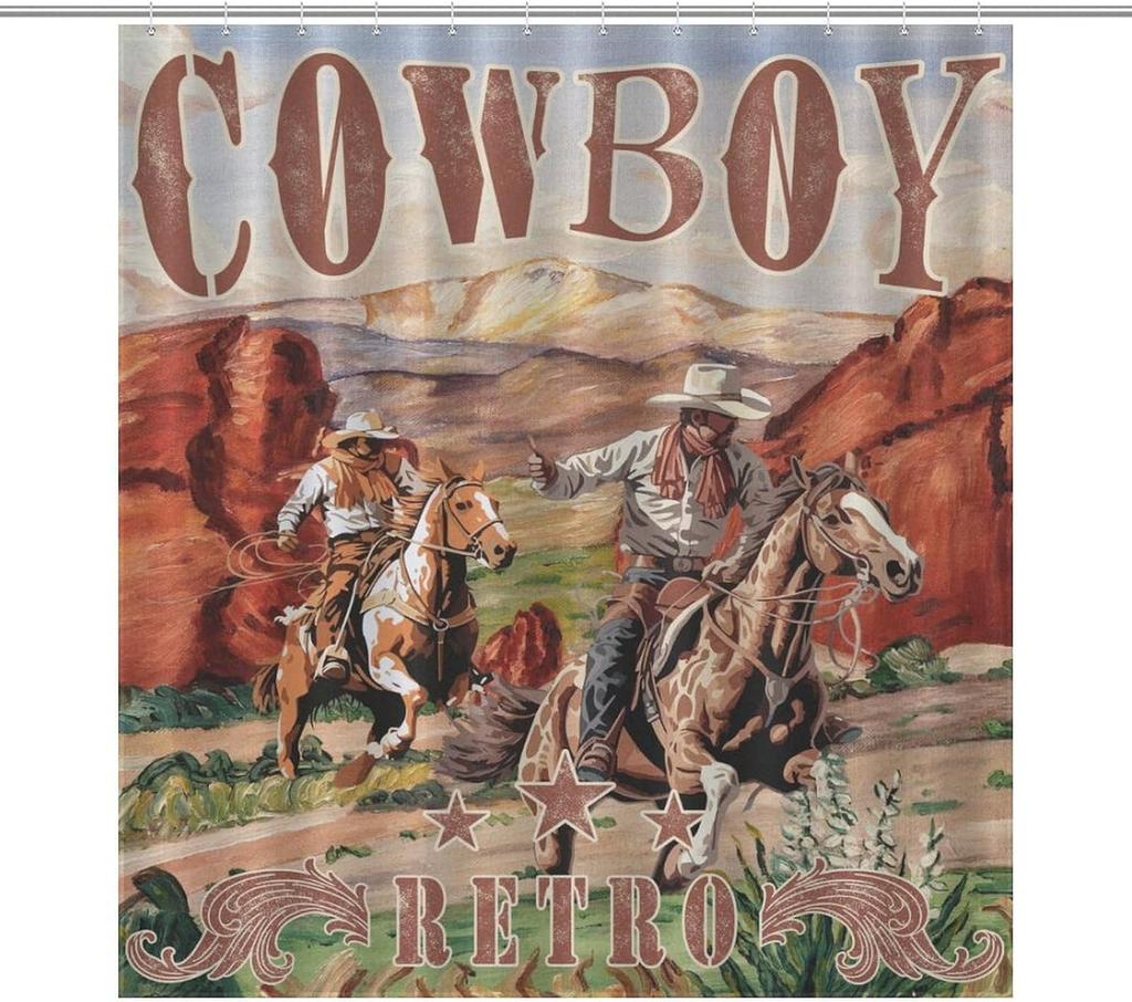 Western Shower Curtains for Bathroom, Cowboy Cartoon Decor Pattern Print Bath Drapes Set with Hooks, Waterproof Fabric Windows