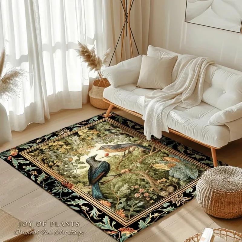 Ковер Woodland Birds Cottagecore Декор для спальни Вдохновленный Уильямом Моррисом Викторианская комната Ковер в стиле Dark Academia Мистический акцент для дома