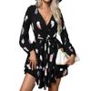 Spring and Autumn Women's Dress Feather Printed Multi Layered Hem V-Neck Ruffle Tie Long Sleeve Dresses