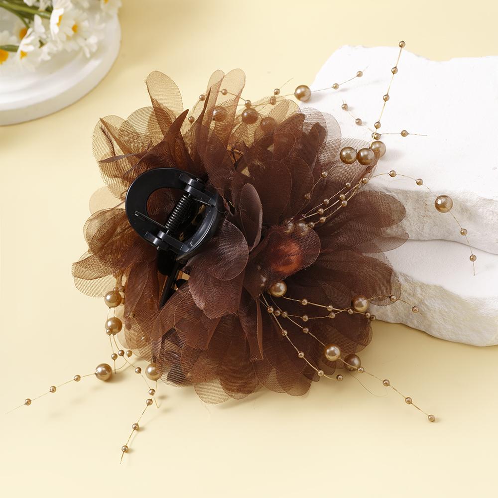 Fashion Elegant Mesh Flower Hair Claws Grab Pearl Tassel Women Shark Ponytail Hair Clips Hairpins Hair Accessories Headdress