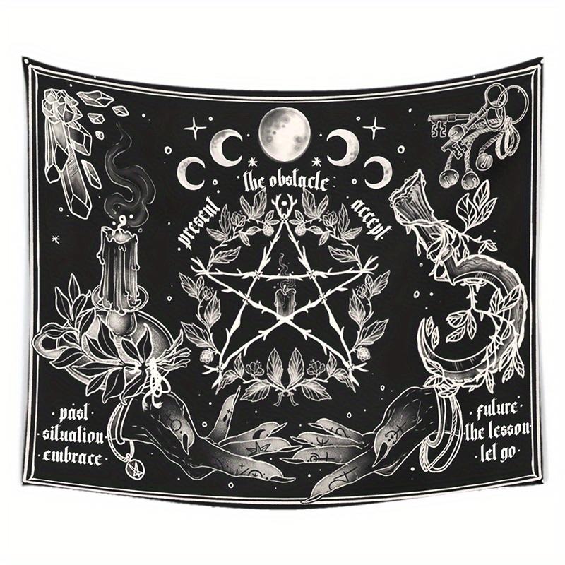 Mysterious Witch Pentagram Moon Phase Tapestry Black and White Magic Ceremony Print Halloween Horror Spooky Season