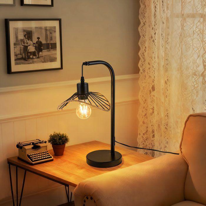 NETTLIFE - Lampe de table noire de style rétro avec câble culot E27 pour chambre ou bureau en métal (ampoule non fournie)