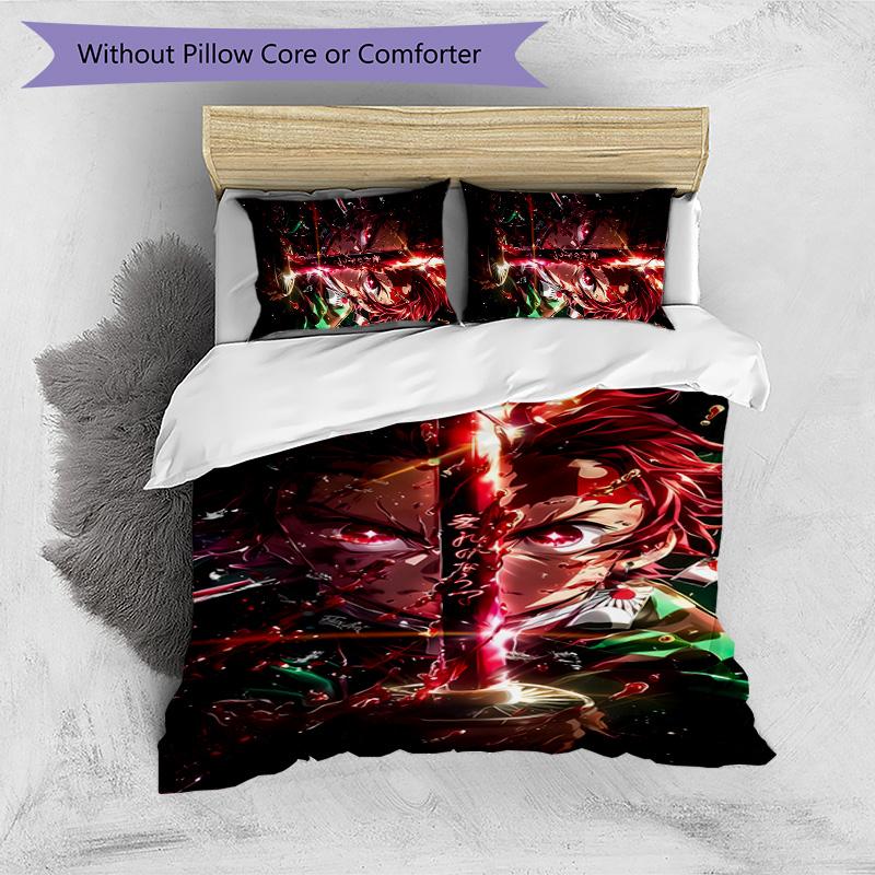 Demon Slayer Pattern Printed 3PCS Bedding Set, Soft Skin-Friendly Washable Duvet Cover & Pillowcases Set