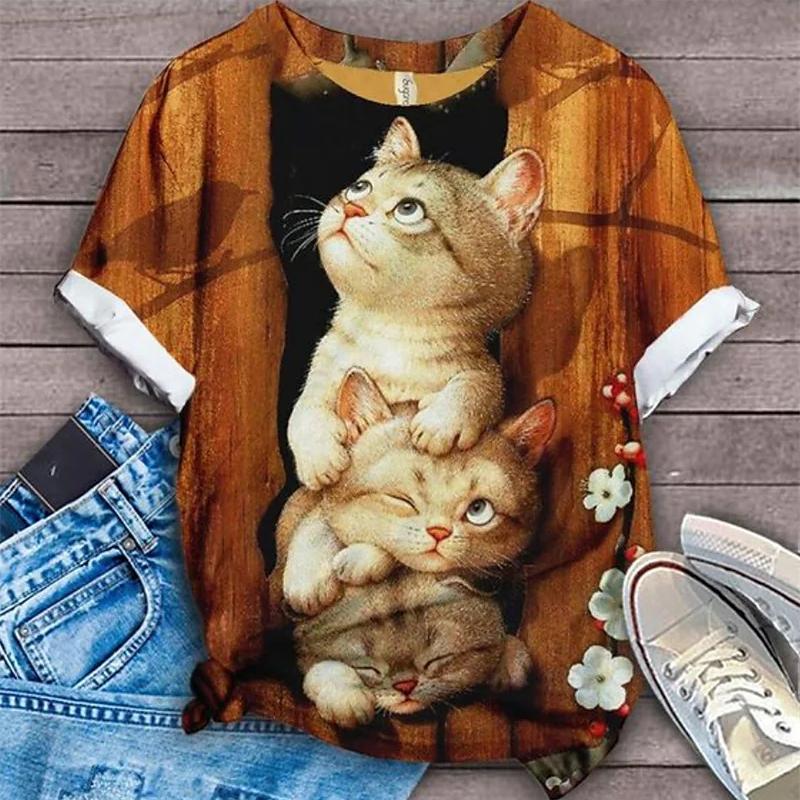 Summer Women's Fashion Short Sleeve T-shirt Cat 3D Print Hot Sale Streetwear Female Shirt O-Neck Regular Casual Blouse
