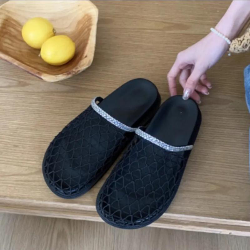 Модные тапочки баотоу летние новые сетчатые с круглым носком полые жемчужные цветы бант-бабочка мягкая подошва нескользящие туфли на плоской подошве