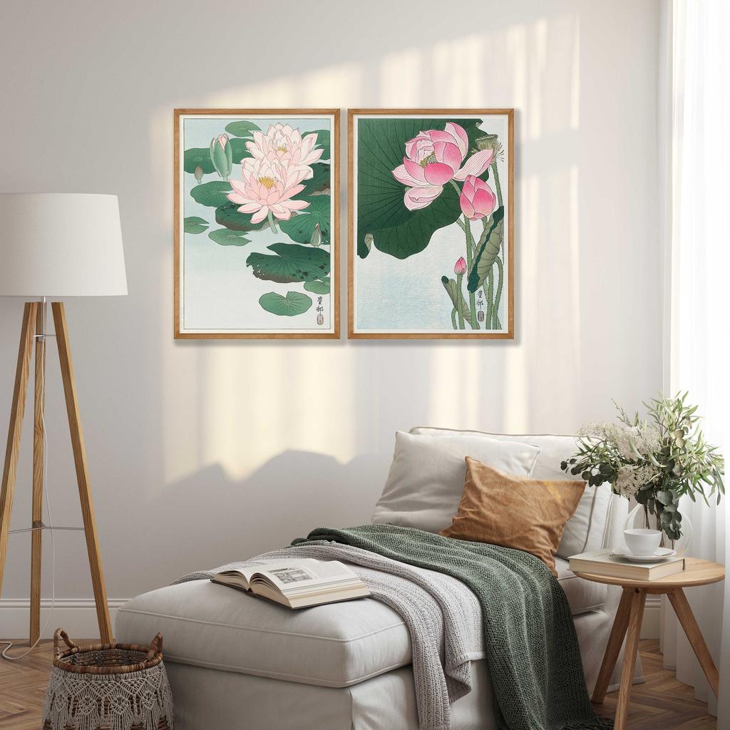 Ohara Koson Japanese Floral Prints Wall Art Water Lily & Lotus Cherry Blossom & Iris Bird and Flower Art Set Room Decor Gift