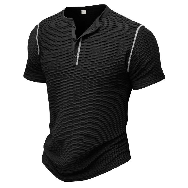 Men's Ribbed Button Henley T-Shirt, European American Casual Sport Short Sleeve Tee