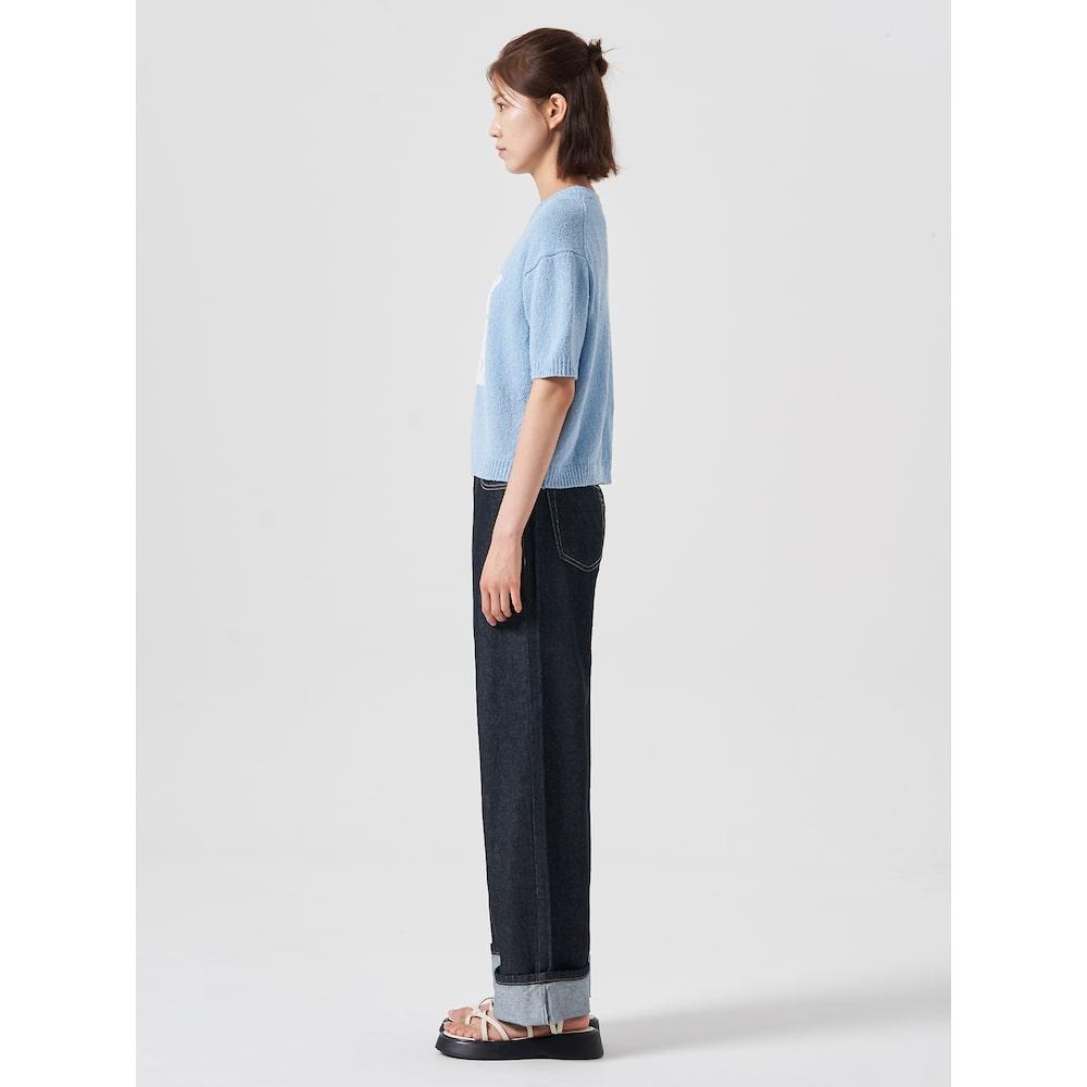 8SECONDS Wave Letter Jacquard Round Neck Short Sleeve Pullover Sky Blue