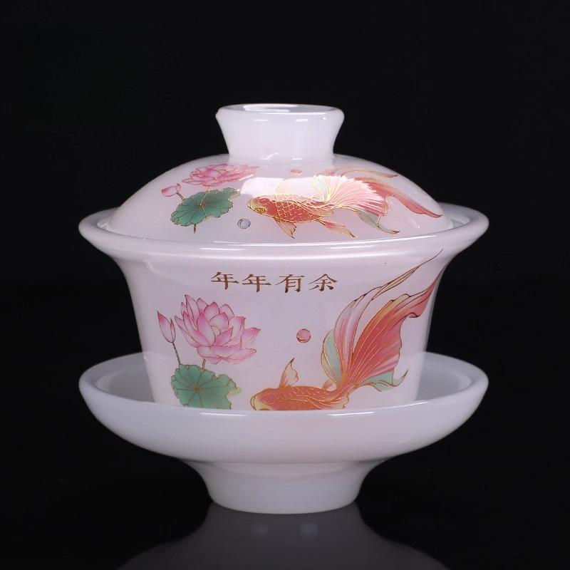 Легкая роскошь глазурованная чаша-крышка три таланта белый нефрит домашний набор для кунг-фу чая офисная встреча подарок для гостя нефритовый фарфор