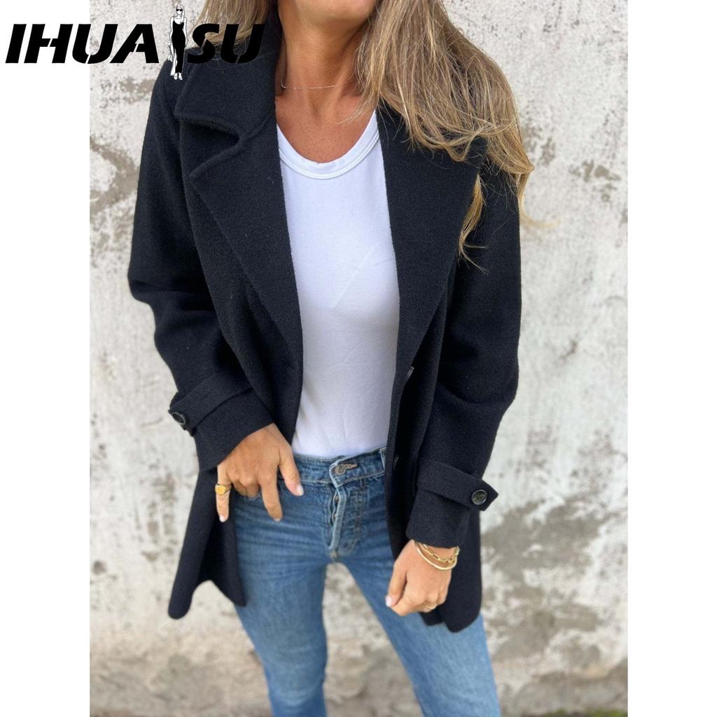 IHUASU Autumn Winter Women's Woolen Coat Casual Loose Lapel False Pocket Cardigan