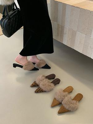 Французские бархатные туфли-котята с острым носком и женская одежда, осенне-зимние пушистые туфли, темпераментный толстый каблук, сумка-голова, сандалии из кроличьего меха