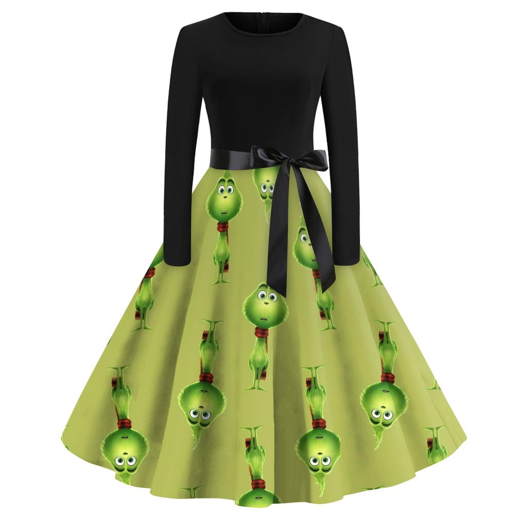 Женское повседневное рождественское платье с круглым вырезом и широкими рукавами, облегающее платье