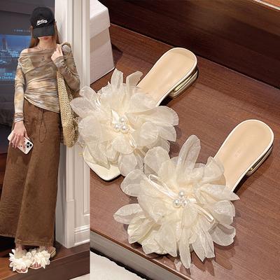 2025 лето новые цветочные шлепанцы на толстом каблуке женские для улицы с квадратным носком и открытым носком шлепанцы на среднем каблуке