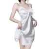 Harukita Sexy Satin Half Slip Deep Babydoll Camisole with Slit and Lingerie, Side-Opening Camisole, V-Neck Lace, Women's (White)