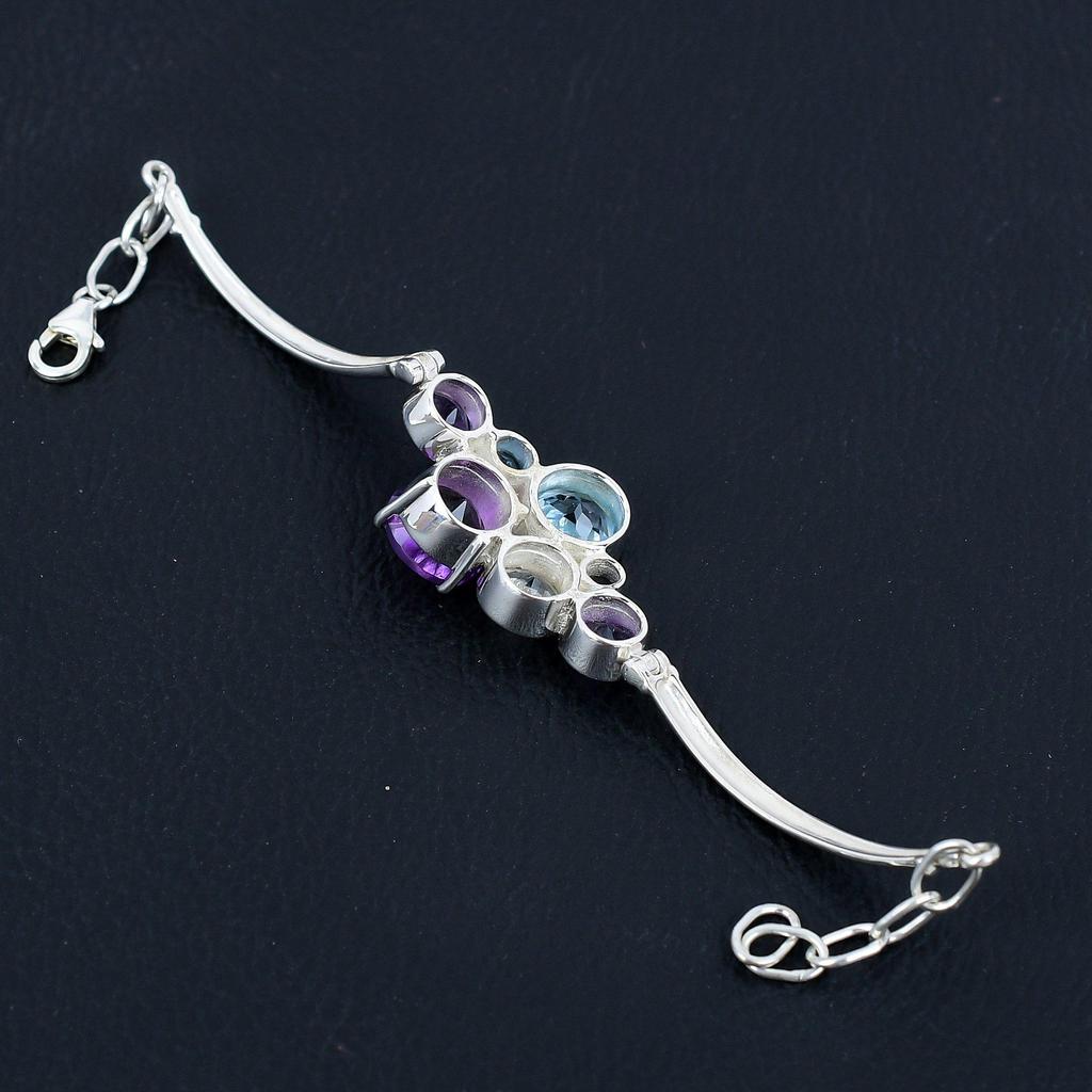 Браслет из драгоценных камней с натуральным аметистом и голубым топазом, серебро 925 пробы, браслет с шипами, ювелирные изделия ручной работы для женщин