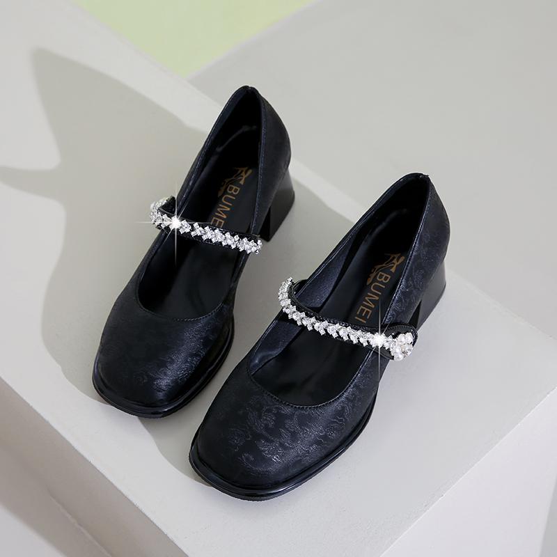 Модные женские туфли на высоком каблуке с кристаллами и цветами 2025 Новые тренды Неглубокие туфли Мэри Джейн на толстом каблуке Осенние элегантные модные туфли-лодочки для платья Zapatos