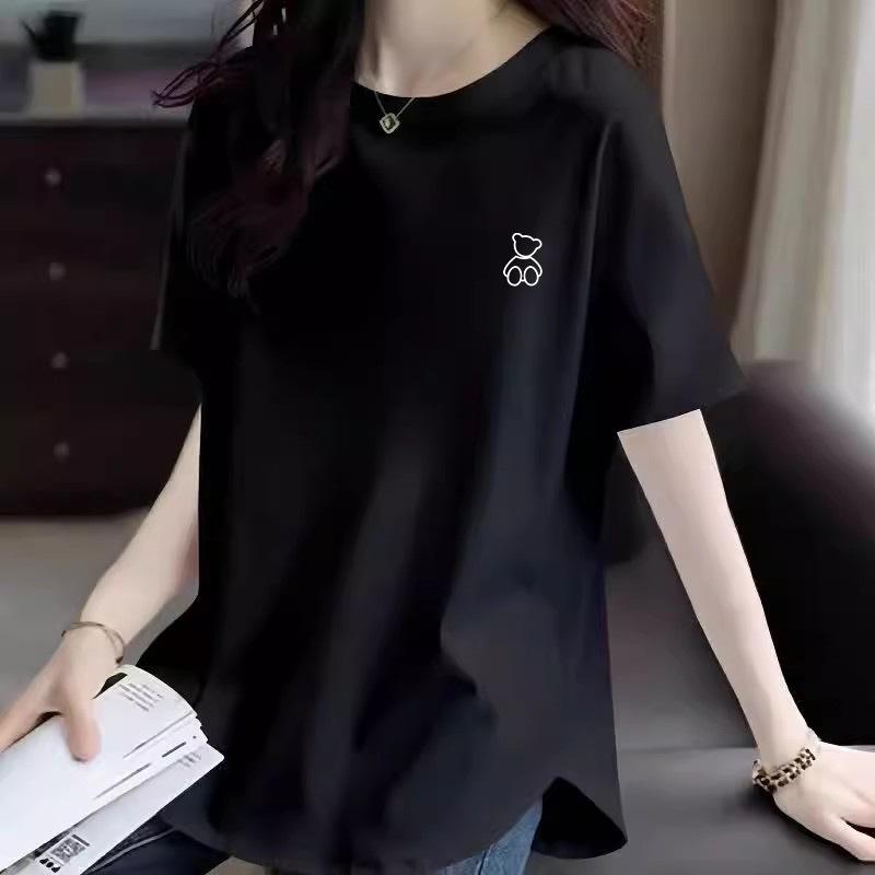 Women's 2025 Summer Cartoon Print White Cotton T-Shirt, Mid-Length, Short Sleeve, Loose Fit