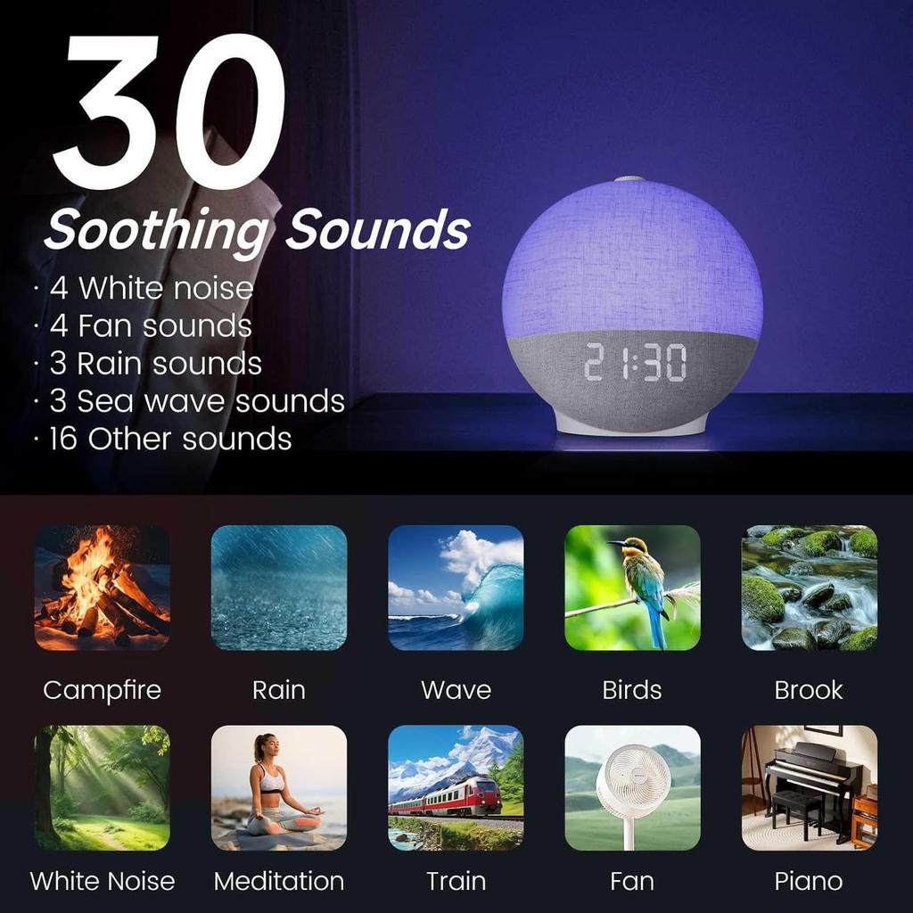 Sunrise Alarm Clock Wake Up Light White Noise Machine 30 Sleep Sounds Bluetooth Speaker Colorful Light for Bedroom Ambient Light