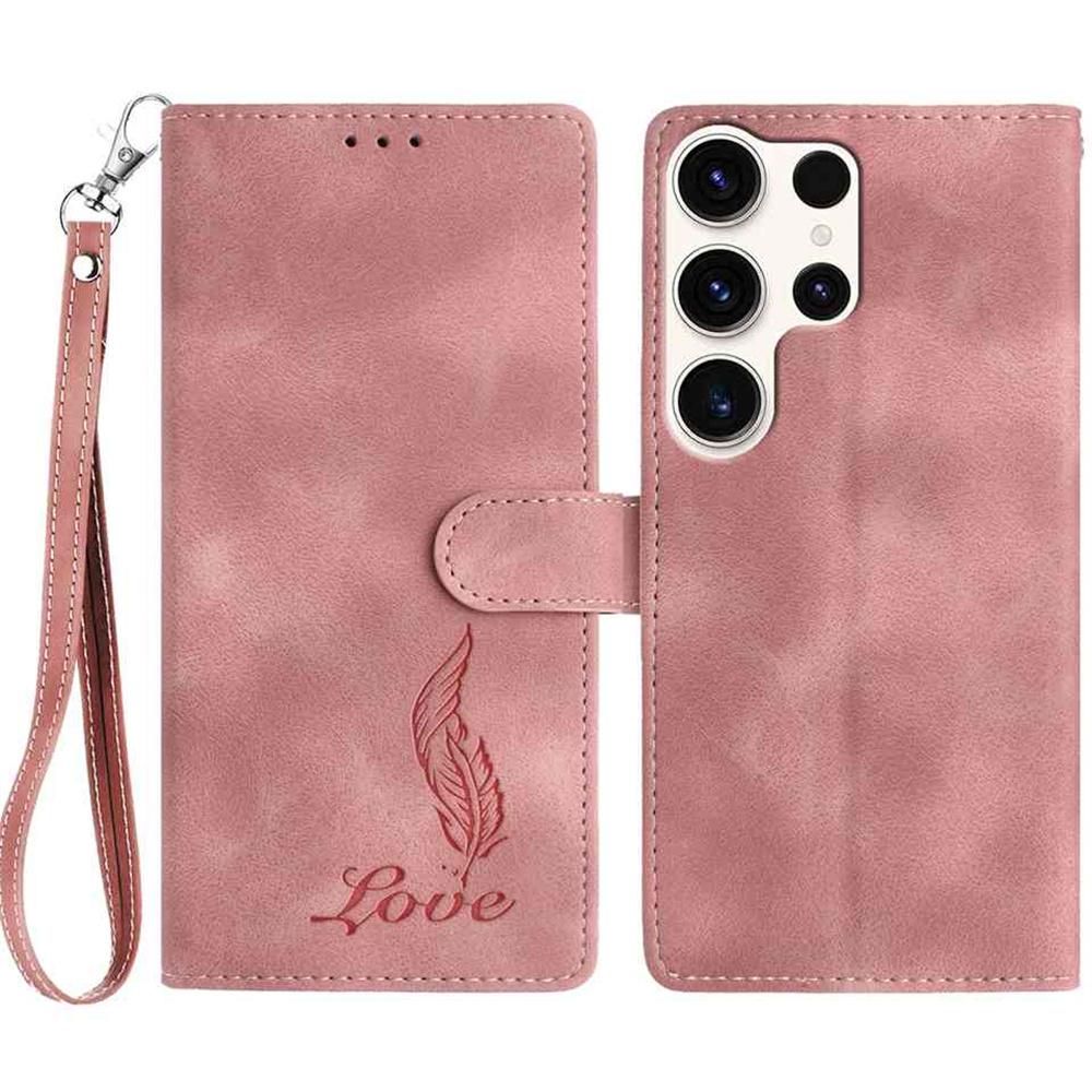 For Samsung Galaxy S25 Ultra Case Imprinted Feather PU Leather Wallet Phone Cover with Wrist Strap
