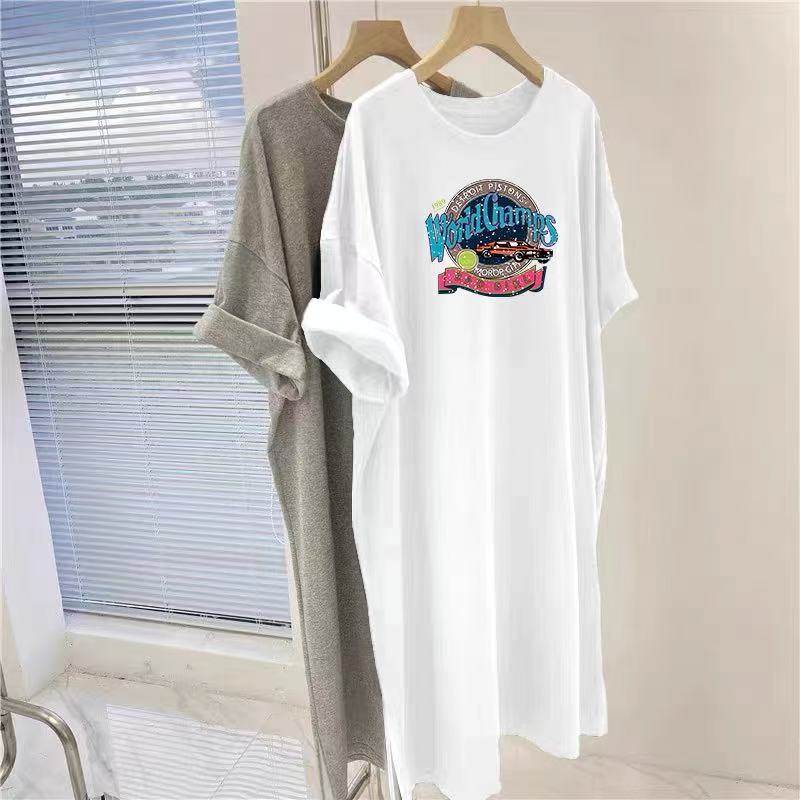 Spring and summer lazy wind loose printing Korean long t-shirt hem split over knee short sleeve straight dress