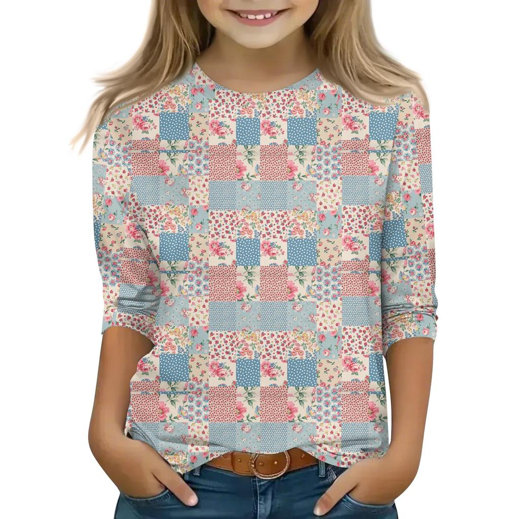 Print Tops For Youth Girls 5-16 Years Round Neck 3/4 Sleeves T-Shirts Trendy Tops Outfit Tees