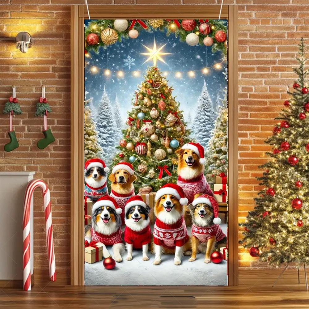 Cartoon Pet New Year Christmas Party Decorations Cat Dog Theme Door Covers Background Supplies Xmas Tree Photography Backdrop