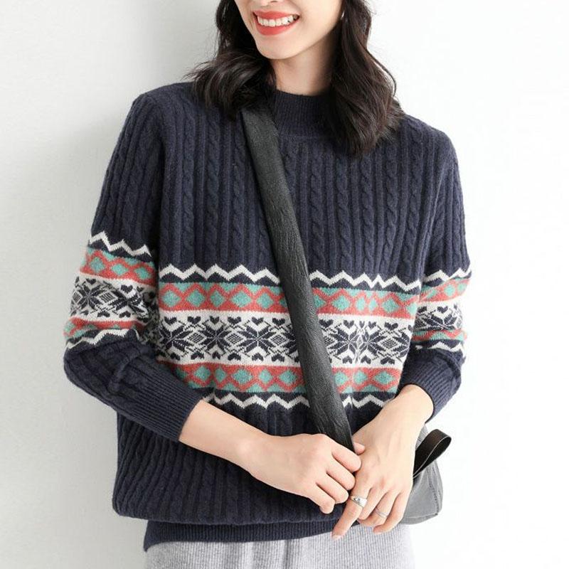 New Autumn and Winter Fashion Trend Retro Ethnic Style Half High Neck Loose Versatile Casual Age Reducing Women's Knitted Sweate