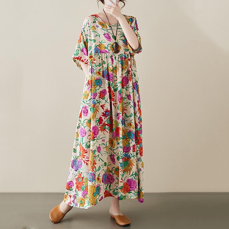 Новое хлопковое платье больших размеров с коротким рукавом и цветочным принтом для женщин, повседневное свободное длинное летнее платье
