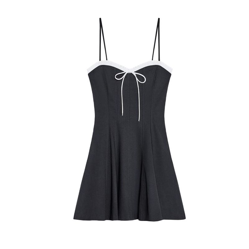 Spring and Summer New Women's Clothing Ins Style Straight Collar Sleeveless Bows Laminated Sling Dress 3152394