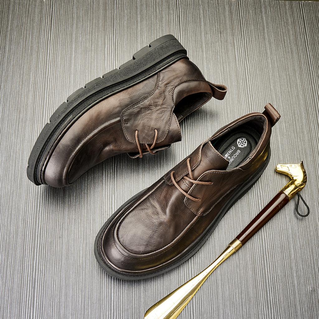 Повседневная кожаная обувь мужская из натуральной кожи в британском стиле на толстой подошве дышащая зеленая деловая обувь на шнуровке круглая мягкая подошва модная мужская обувь