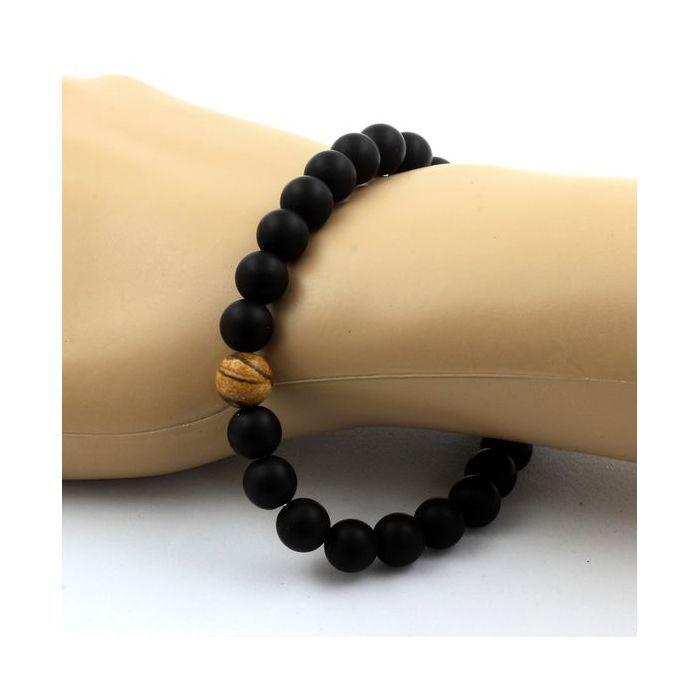 Pierres et Minéraux. Bracelet Perles Onyx noir mat + Jaspe Paysage 8 mm. Fabriqué en France.