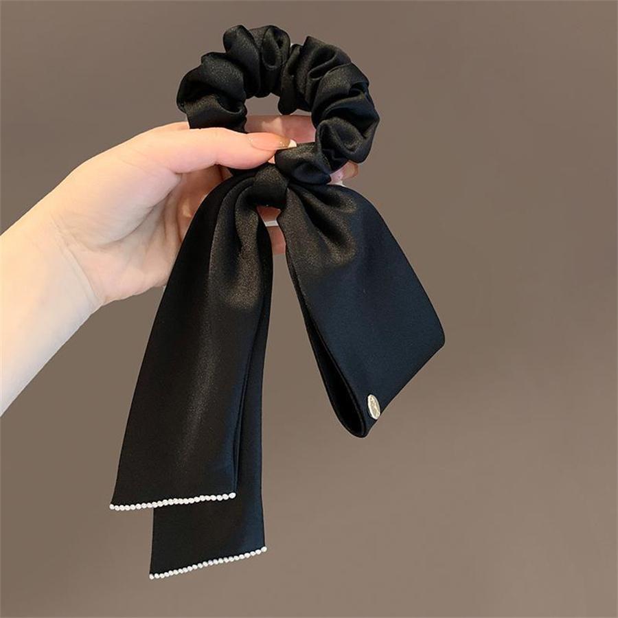 New Fashion High Quality Satin Long Ribbon Wrinkled Hair Ring for Women Girls Bow Ponytail Elastic Hair Band Headdress
