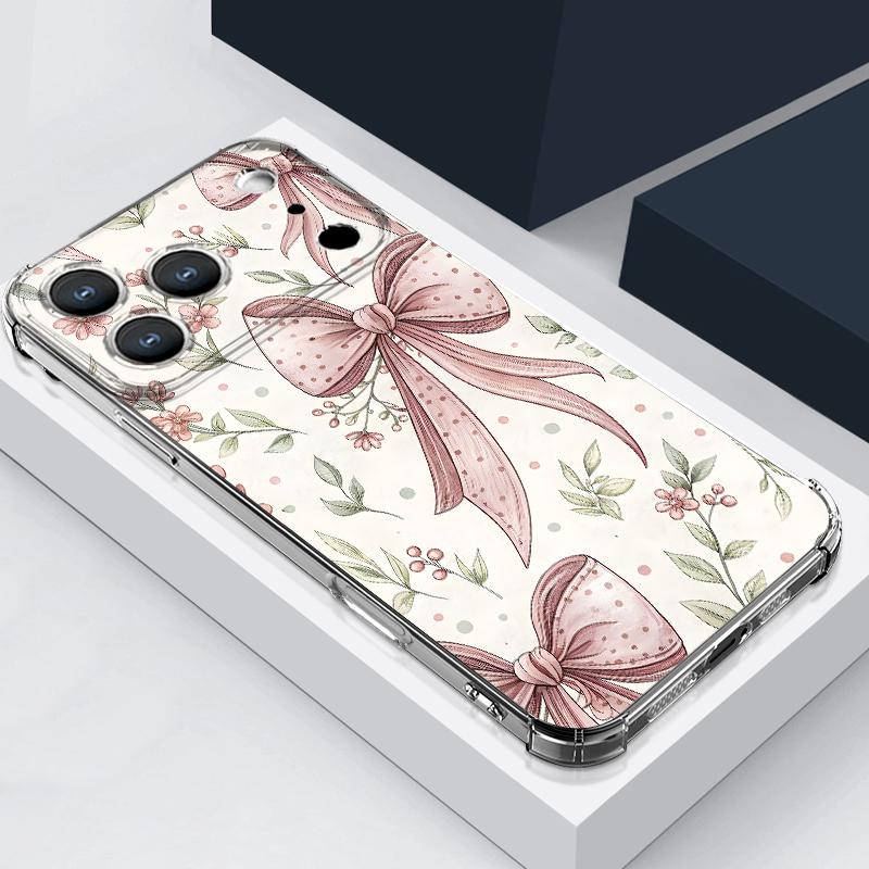 Чехол с узором из розовых бантиков для iPhone 17 Pro Max Coque iPhone 16 15 14 13 Pro Max 11 Ударопрочный Прозрачный Мягкий Силиконовый Чехол