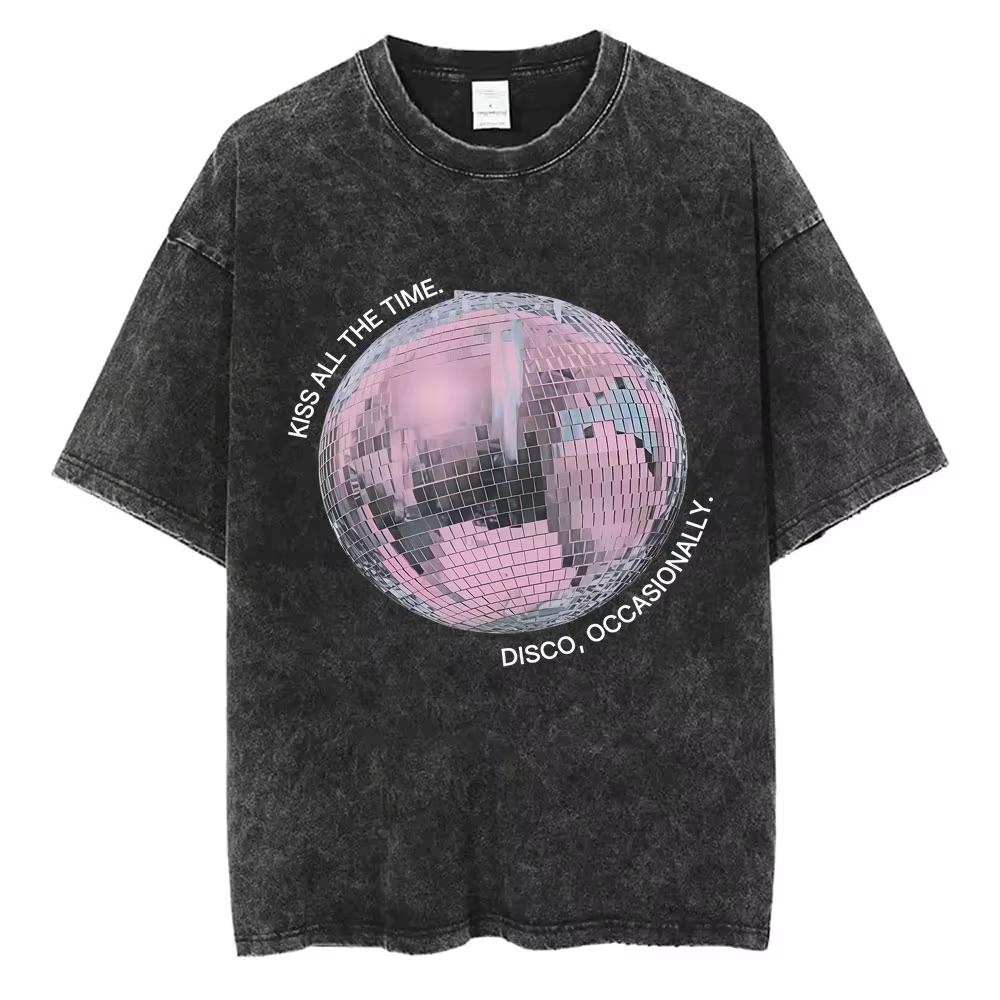 Kiss All The Time Disco Occasionally Washed Vintage T-shirts Fans Gift Men Women Fashion Pop Music Streetwear Male Oversized Tee