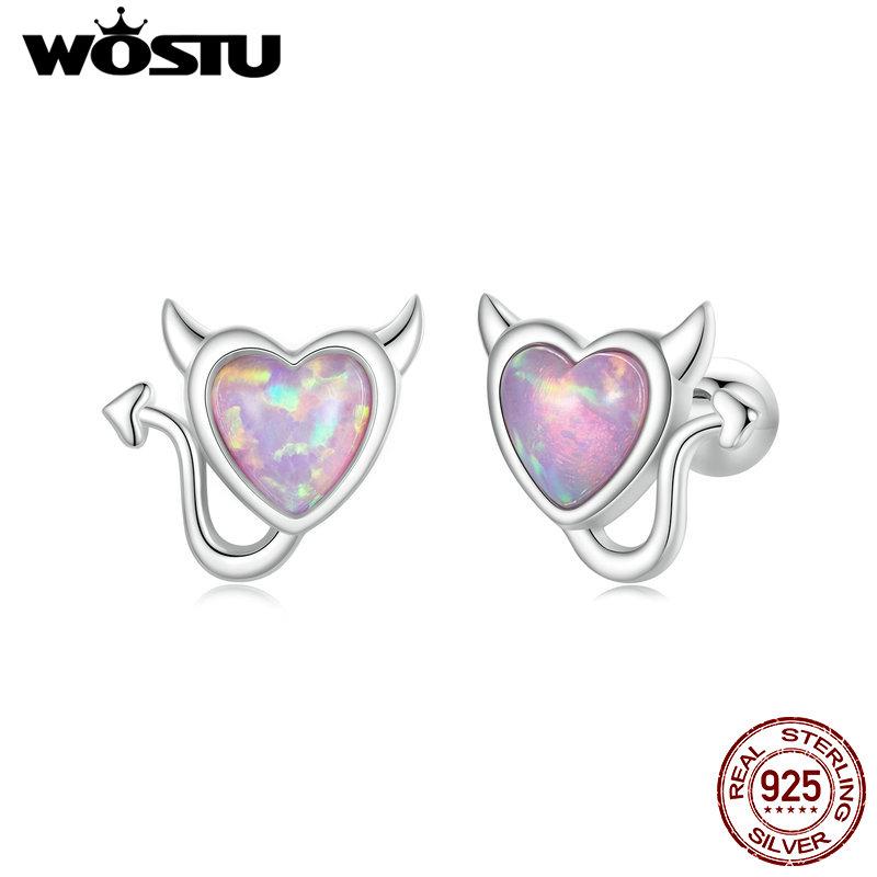 WOSTU Серьги-гвоздики из стерлингового серебра 925 пробы с опалом и бантом и дьяволом, нежные милые серьги для женщин и девочек, подарок, ювелирные украшения