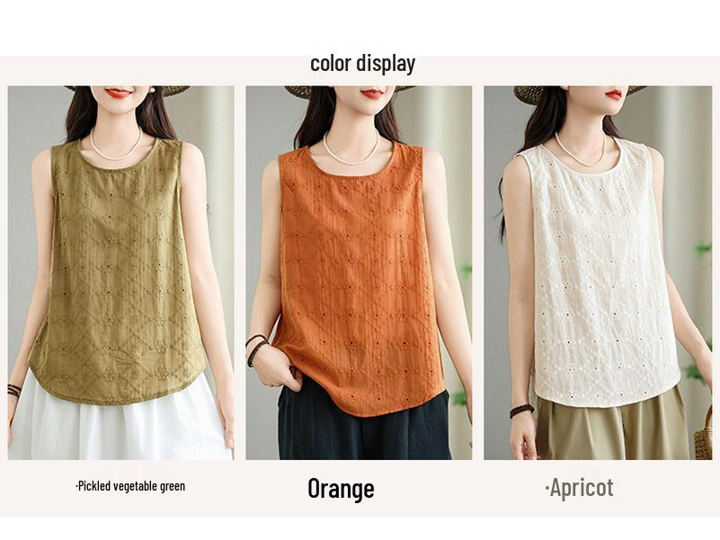 Летний женский sleeveless жилет из чистого хлопка с вышивкой