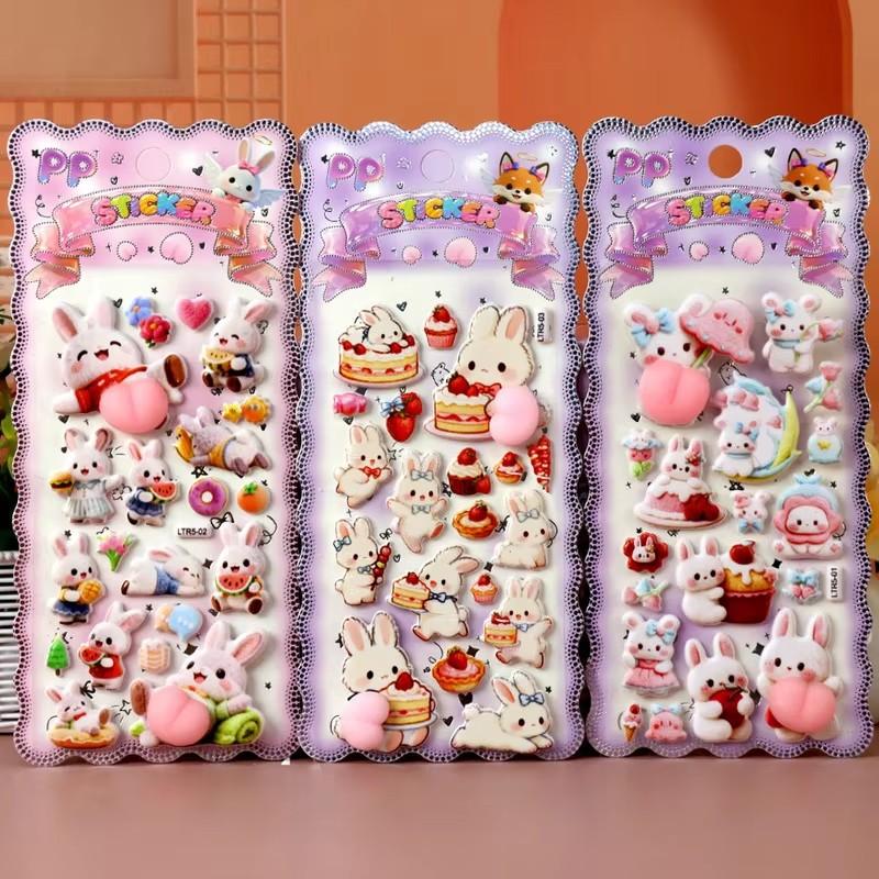 12pcs Cartoon Sticker 3D Puffy Squishy Stress Relief Rabbit Capybara Bear For Phone Case Laptop Decoration Journal Diy Collage