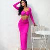 Solid Metal Buckle Two Piece Set Party Dress Women Sexy Ruched Strapless Long Sleeve Crop Top High Waist Bodycon Maxi Skirts